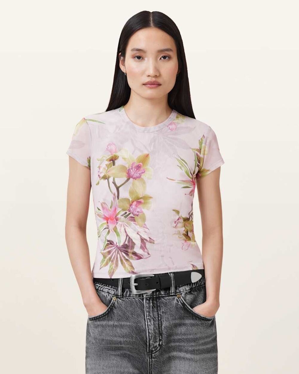 Allsaints Ellie Sheer Mesh Floral Graphic T Shirt Pink US 10 L Summer Layering